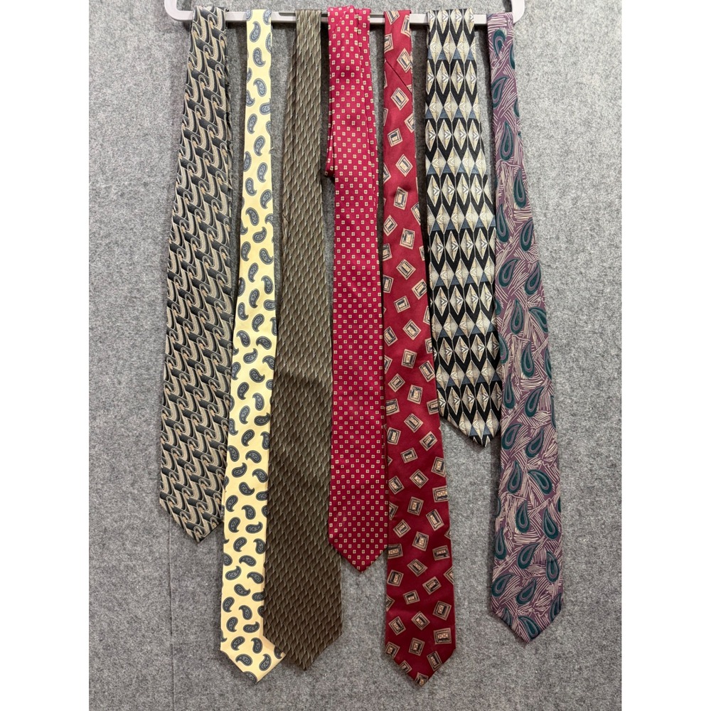 Vintage Menswear Silk Tie Lot 7pc 80s 90s Geometric Paisley Art Deco Power Ties